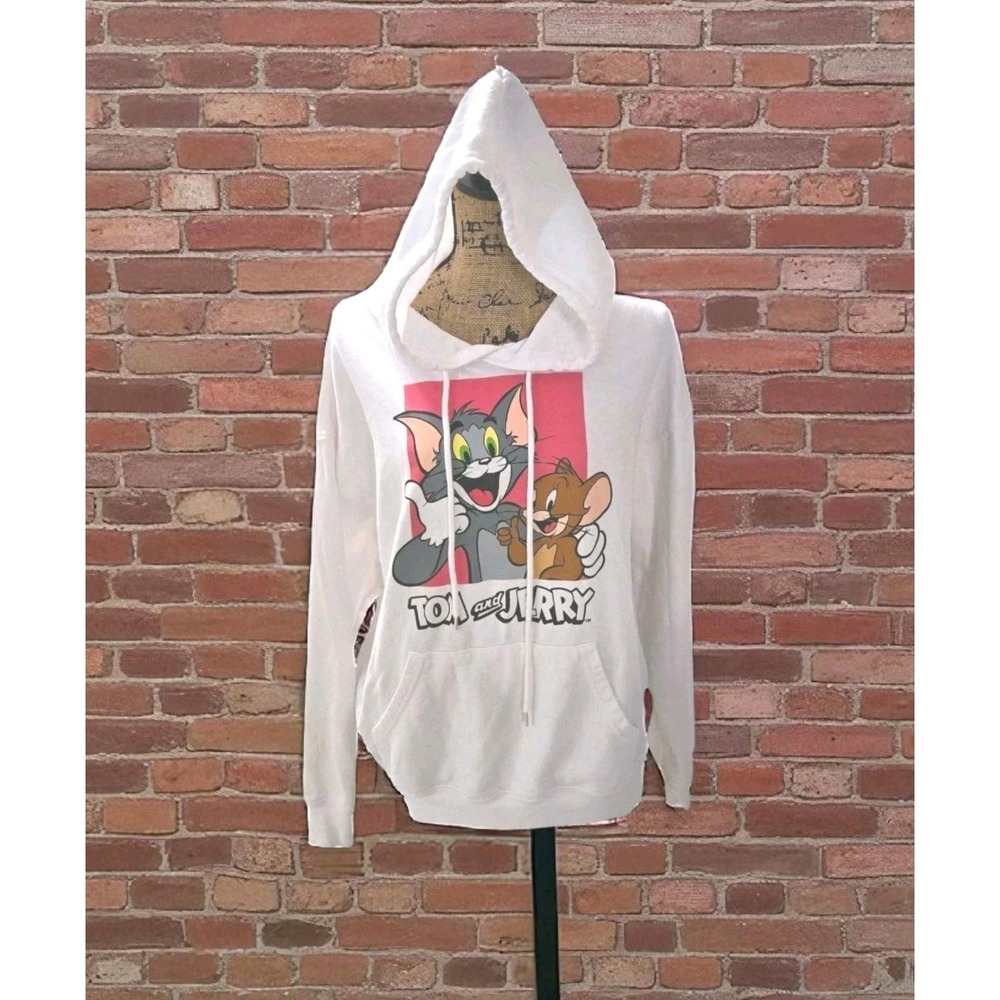 Vintage 90s Tom & Jerry Hoodie White w Graphic Print Women's L EUC